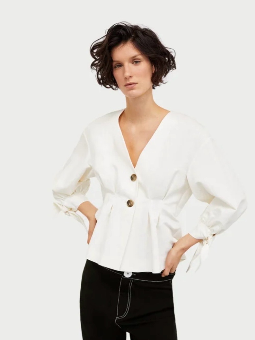 Zara White V-Neck Peplum Blouse with Button Detail